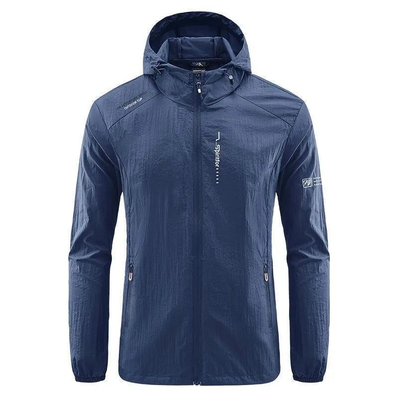 Men's light grey summer hooded jacket in thin nylon fabric with loose fit