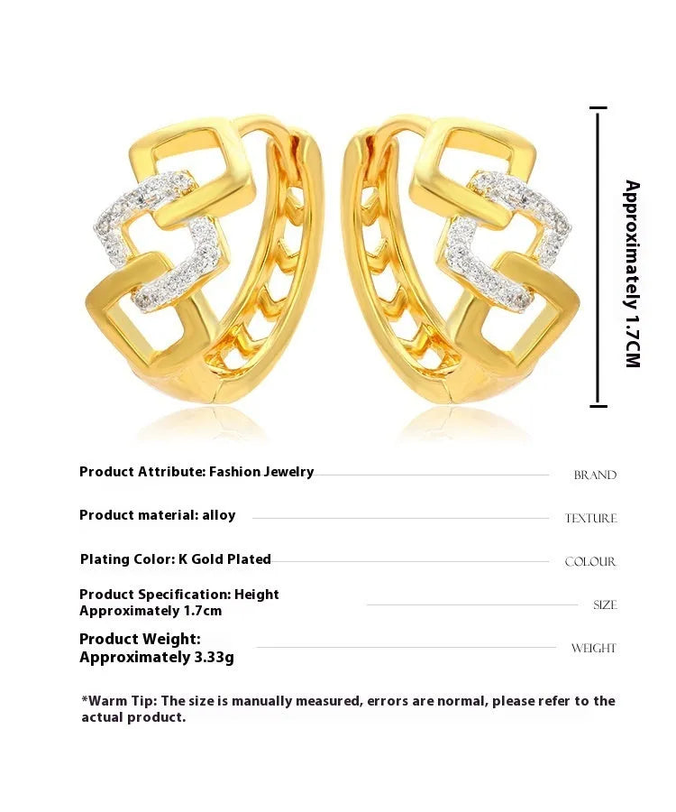 Gold geometric hollow-out alloy earrings with colour separation ear clips