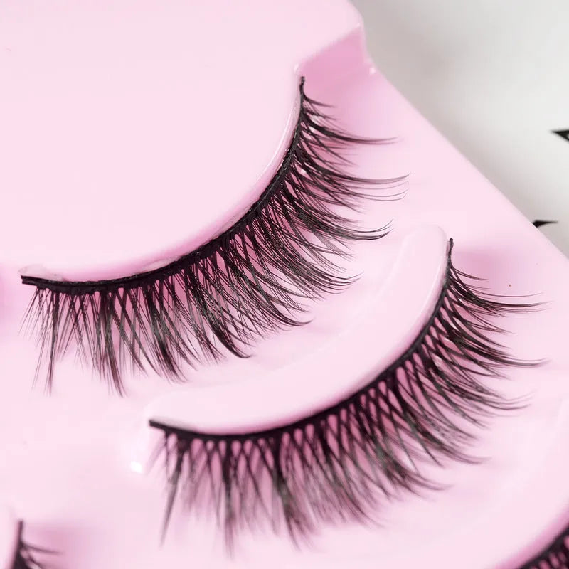 Set of 5 pairs natural wispy false eyelashes with black plastic base for Korean makeup and cosplay.