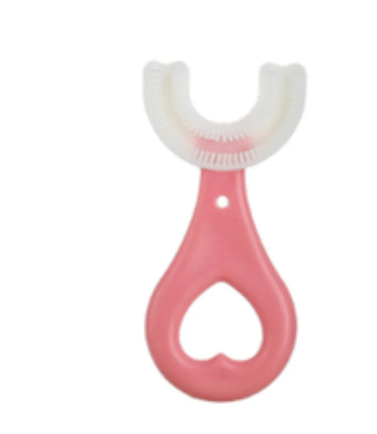 Children's U-shaped soft rubber toothbrush in pink and blue colours for milk teeth cleaning