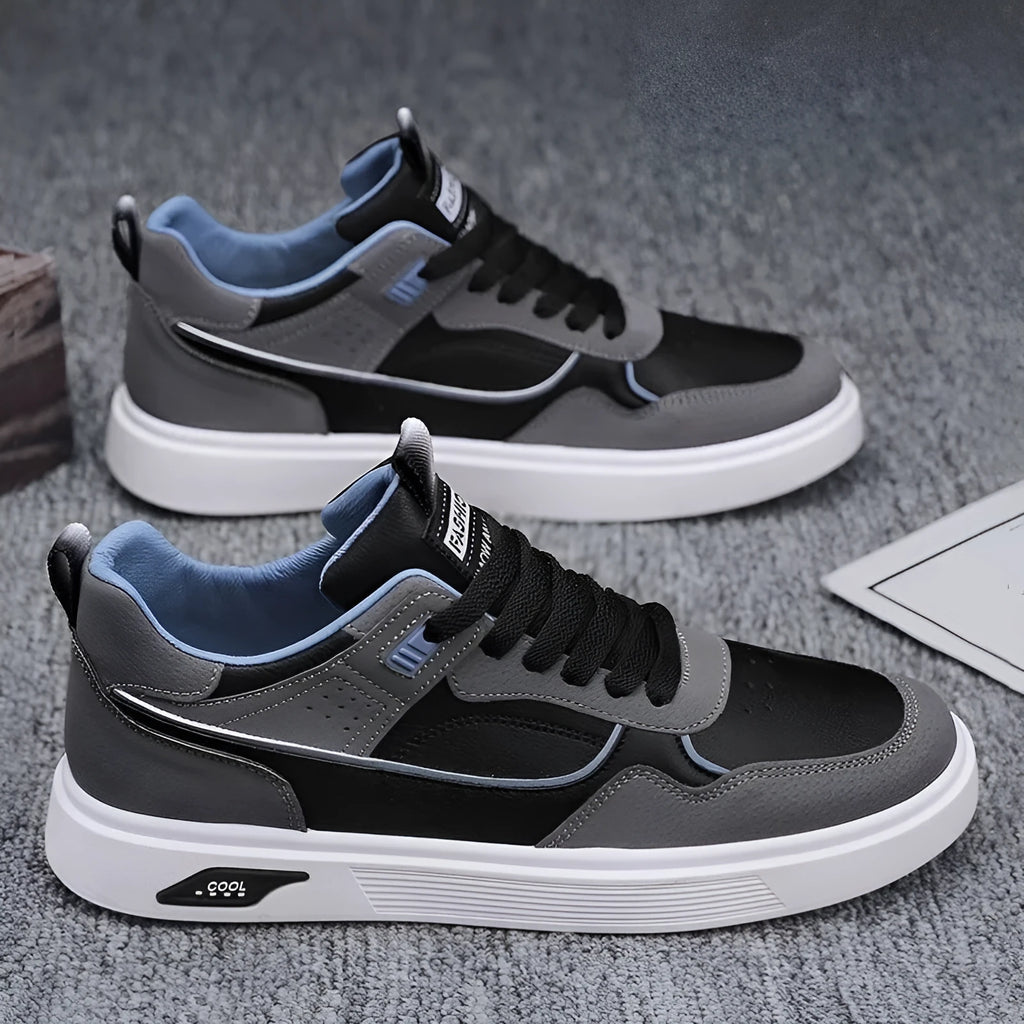 Men's Korean-style canvas board shoes in black, beige or grey with mesh lining and leather stitching details