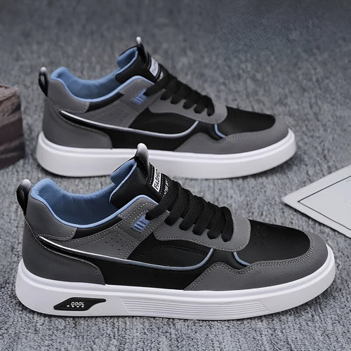 Men's Korean-style canvas board shoes in black, beige or grey with mesh lining and leather stitching details