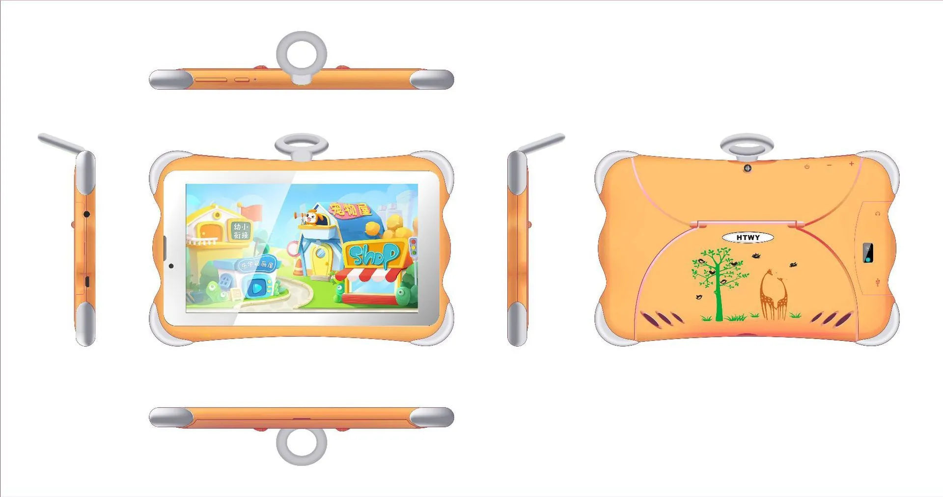 7-inch children's learning tablet in cartoon colours, shown with its foldable stand open, on a table.
