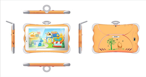 7-inch children's learning tablet in cartoon colours, shown with its foldable stand open, on a table.