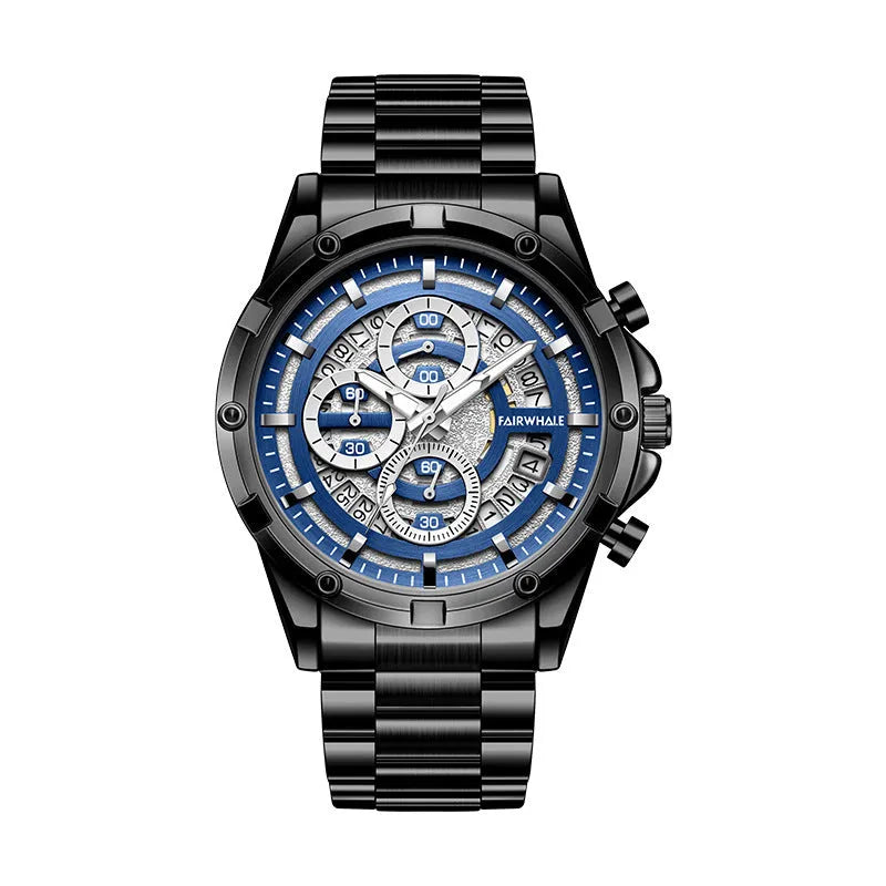 Men's casual waterproof watch with luminous dial and stainless steel strap in three colour variants.