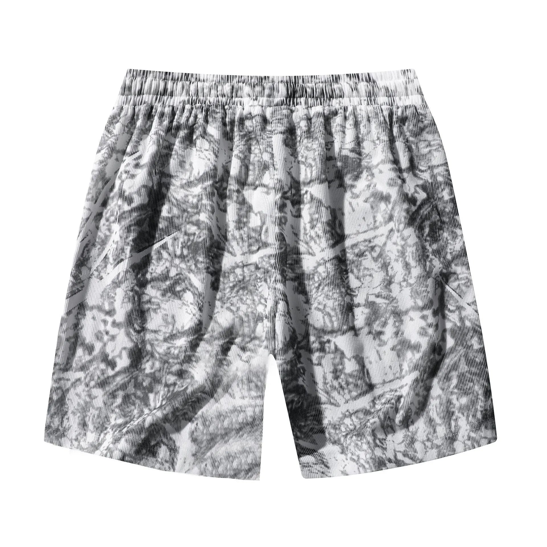 Men's camouflage patterned corduroy athletic shorts with straight leg and elastic waistband