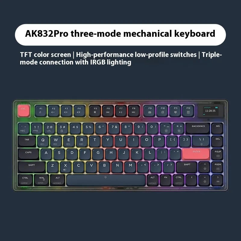 AJAZZ AK832PRO mechanical keyboard with colour screen showing settings display