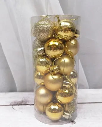 Assortment of shiny matte finish 3cm Christmas ball ornaments in gold, red, silver, and blue colours.