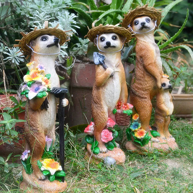 Straw hat mongoose garden ornament with synthetic resin construction for outdoor decoration