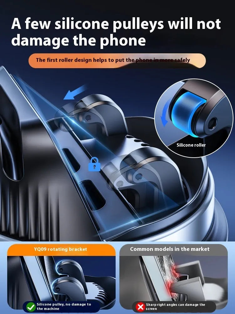 YQ09 rotating support suction cup phone holder on dashboard in black color with 360 degree rotation feature