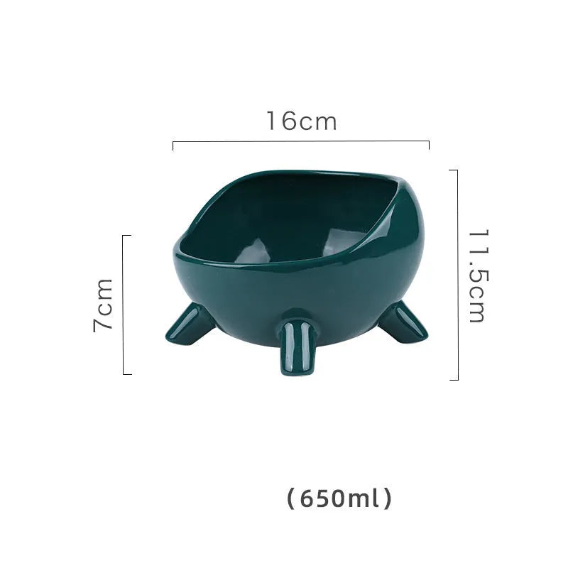 Green ceramic pet food bowl with four-legged stability design for cats and small dogs