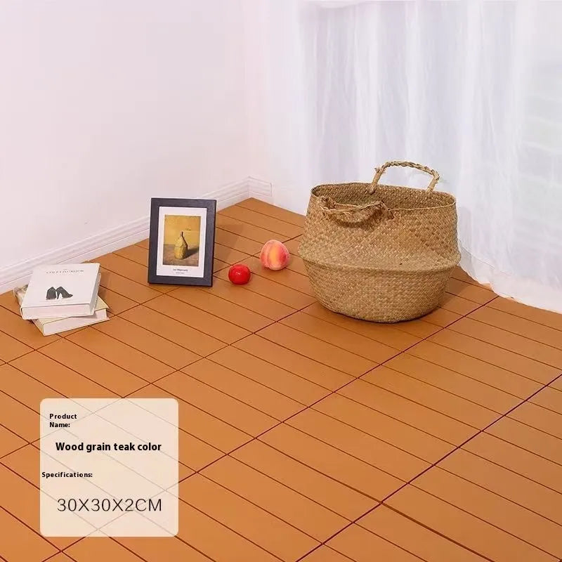 Pack of ten wood grain plastic floor tiles showing splicing edges and non-slip texture
