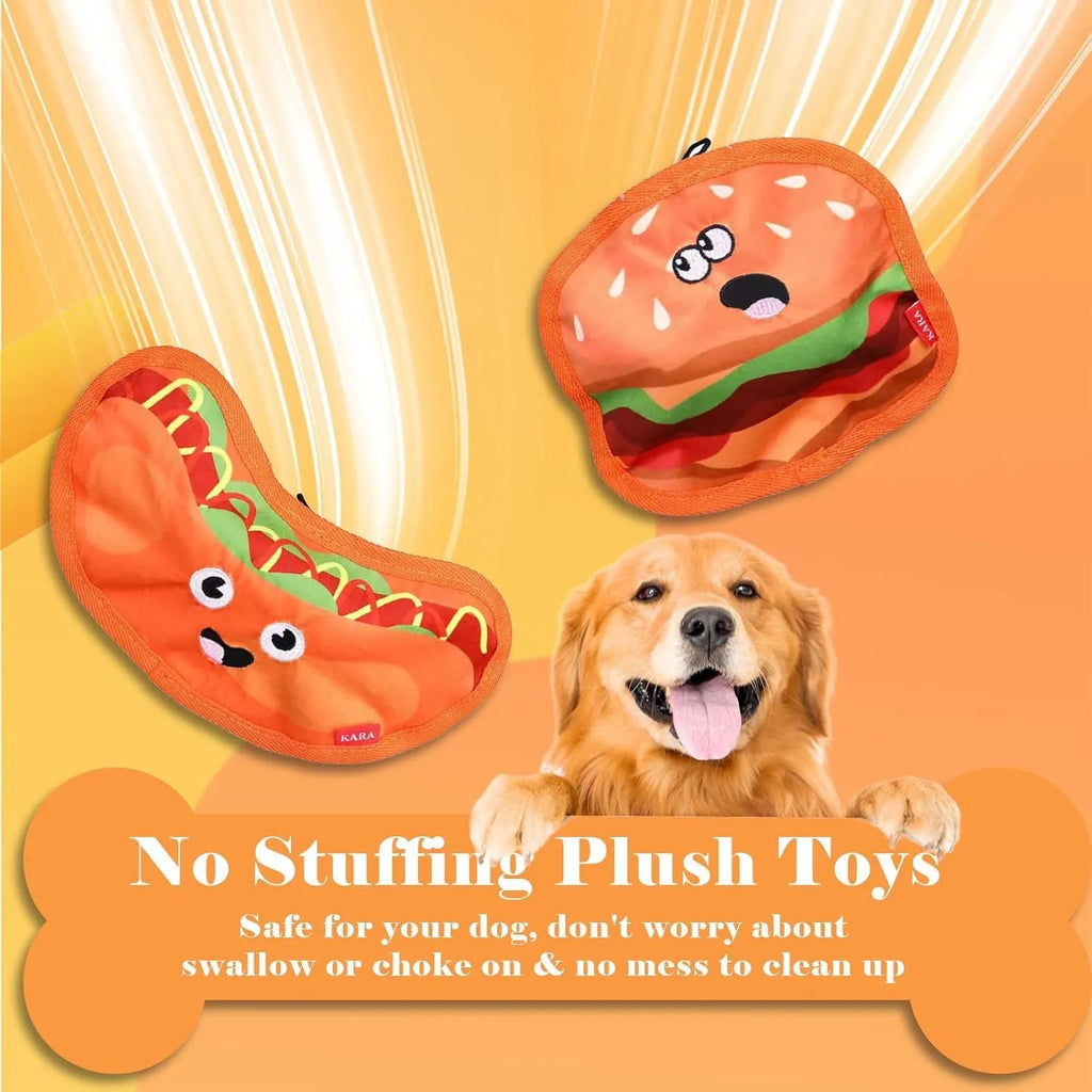 Hamburger-shaped dog chew toy in vivid colours showing crinkle and squeak features for interactive play.