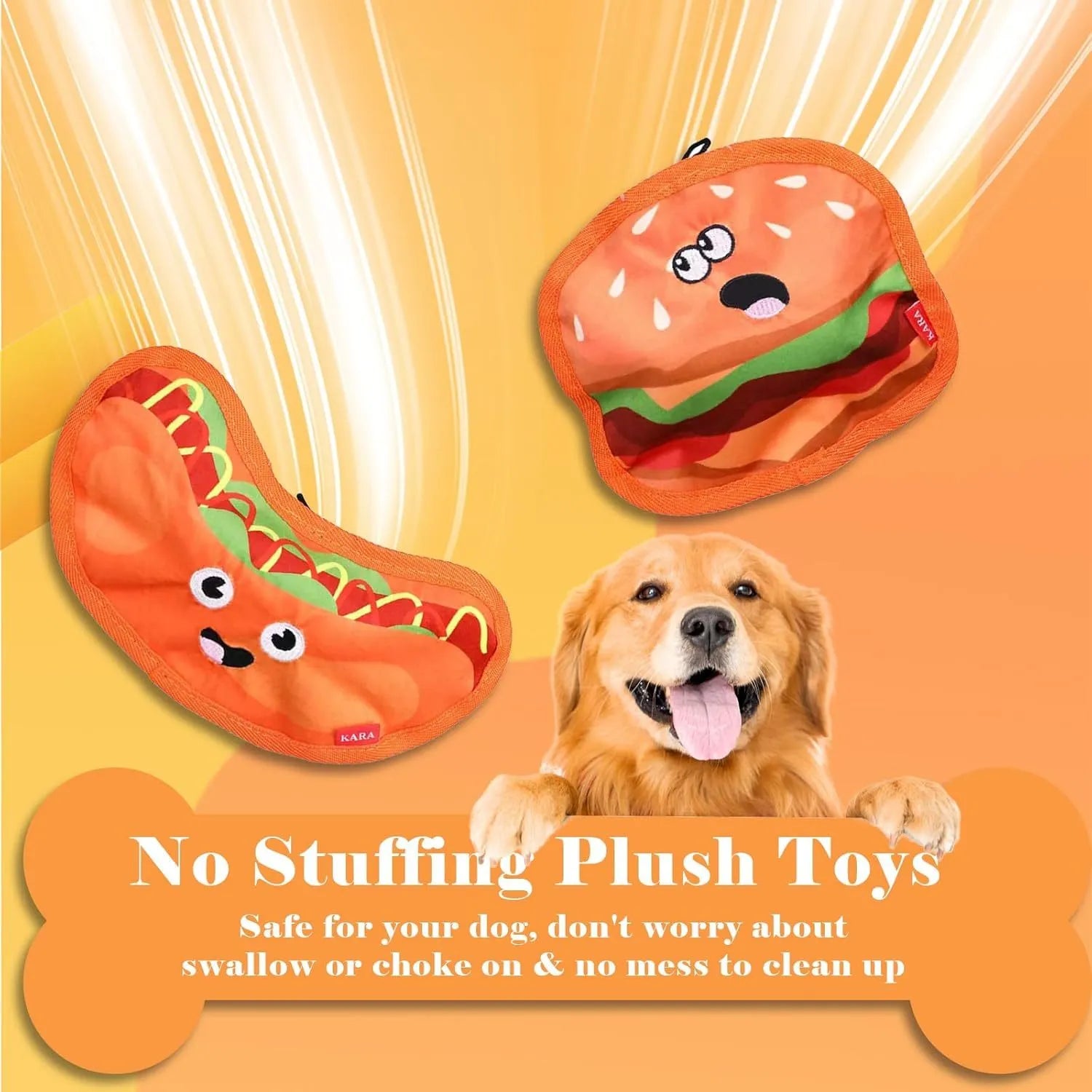 Hamburger-shaped dog chew toy in vivid colours showing crinkle and squeak features for interactive play.
