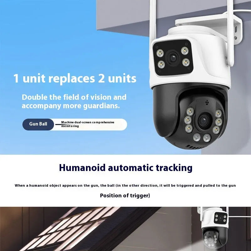 Wireless dual-screen security camera unit for remote home and outdoor monitoring.