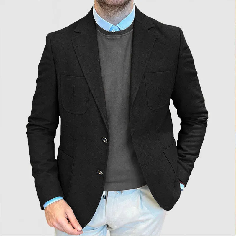 Men's loose retro cotton suit jacket in army green colour with two-tone buttons.