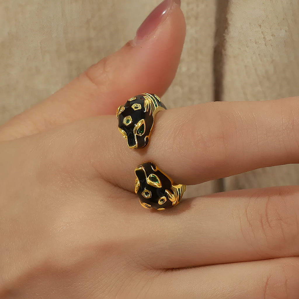 Geometric open copper ring for women with black cheetah print, size 7.