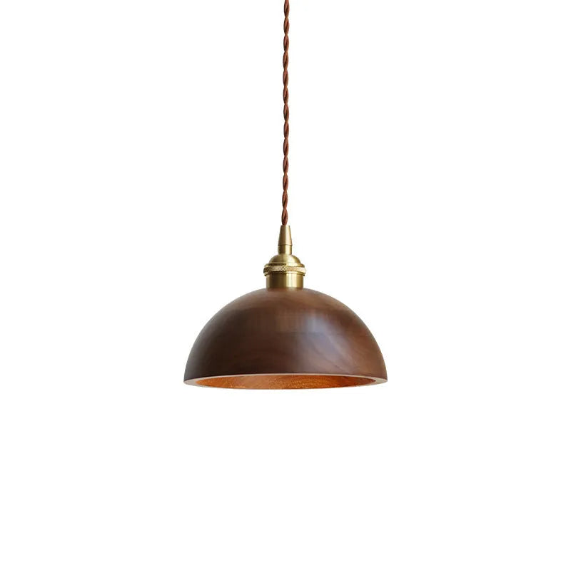 Black walnut finish single-head droplight chandelier with copper and wood art construction.