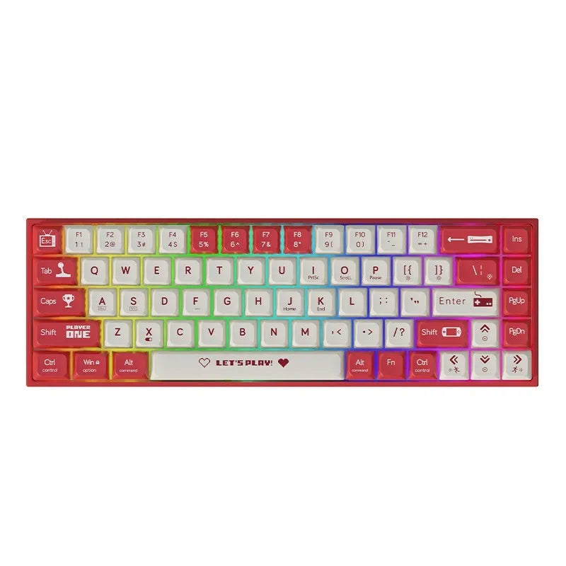 AJAZZ AK680 wired mechanical keyboard with red and white keycaps on a desk.