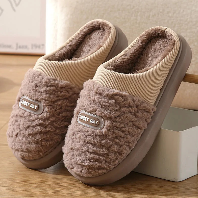 Men's grey brown household slippers with artificial wool lining and thick EVA sole