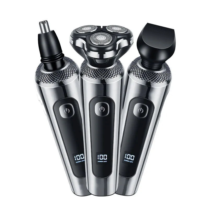 Digital USB rechargeable beard trimmer with LED display on its five-in-one base bracket