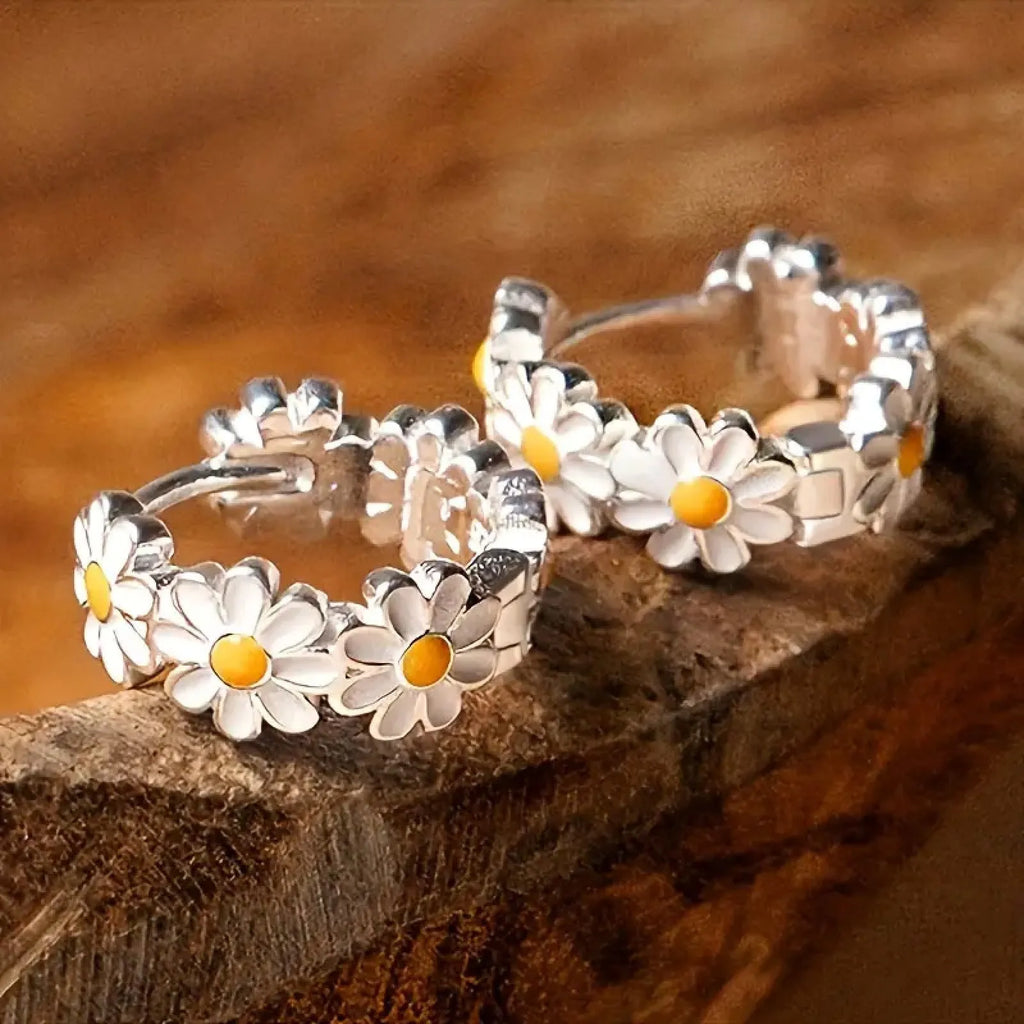 White daisy flower ring earrings with platinum gem inlay on copper with electroplated finish