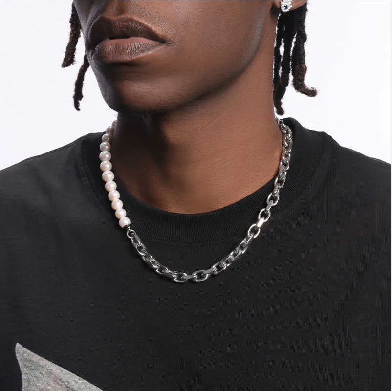 Men's natural pearl necklace with titanium steel chain white 8mm width 45cm length