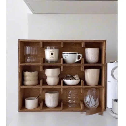 Square birch wood cup storage rack with multiple grid compartments