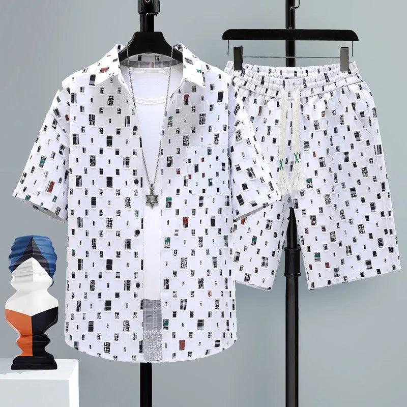 Men's casual sports two-piece set with short-sleeve top and matching shorts