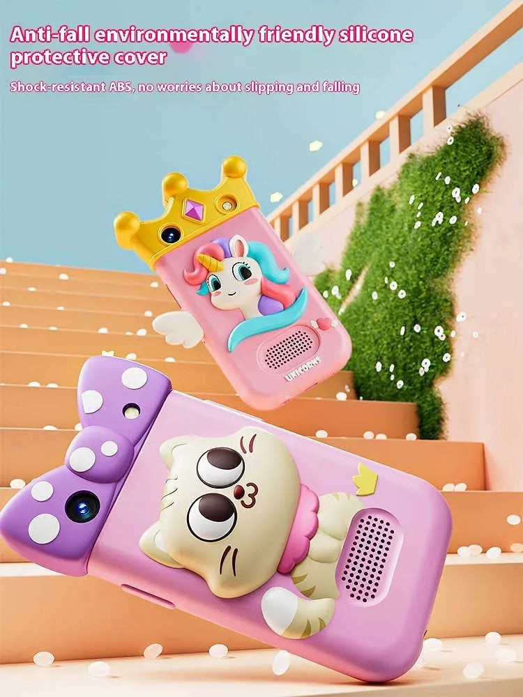 Children's toy simulation mobile phone with 22 function flip lens in Kitty and Spaceman styles on white background