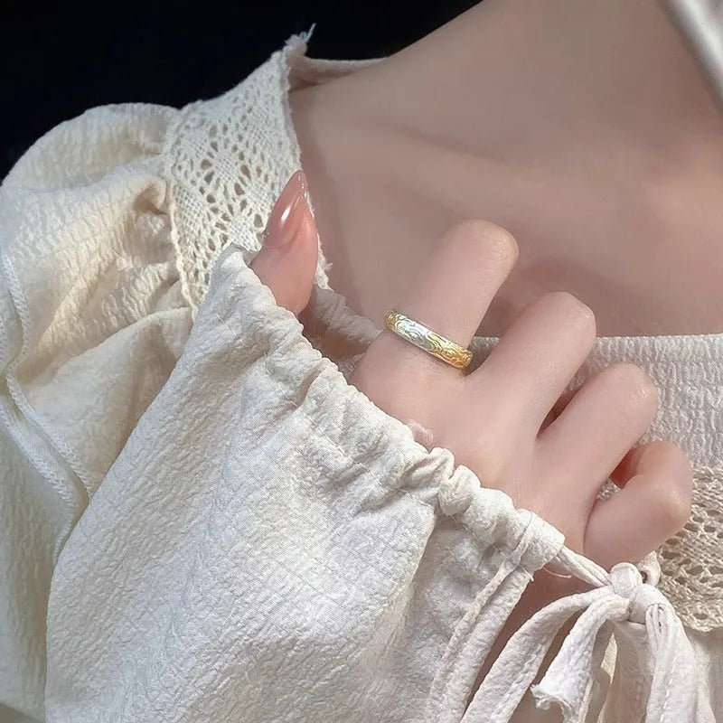 Adjustable open mouth white copper ring with J14 Xiangyun pattern and silver gold electroplated finish.