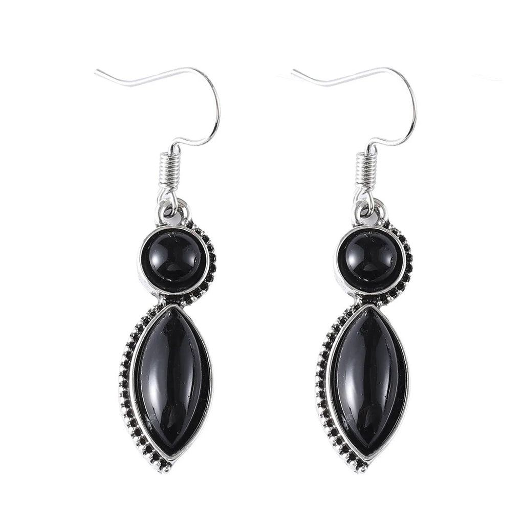 A pair of black and purple geometric vintage pendant earrings with a round detail, made from zinc alloy.