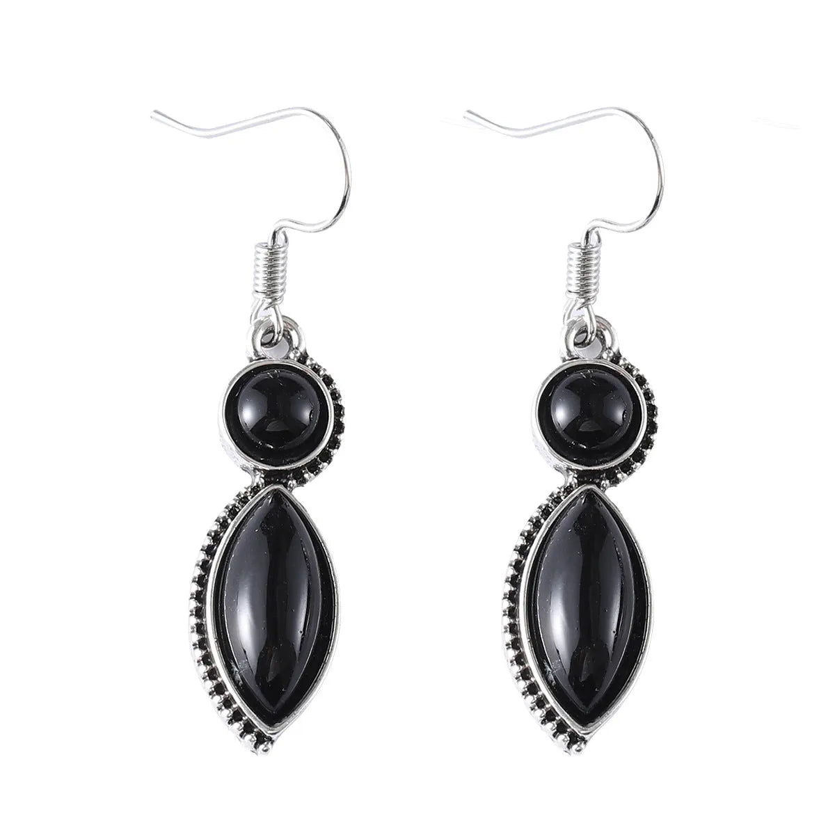 A pair of black and purple geometric vintage pendant earrings with a round detail, made from zinc alloy.