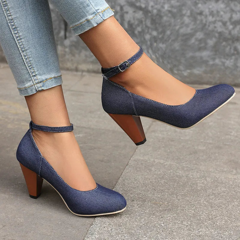 Blue denim women's high heel shoes with a buckle strap and thick waterproof platform sole.