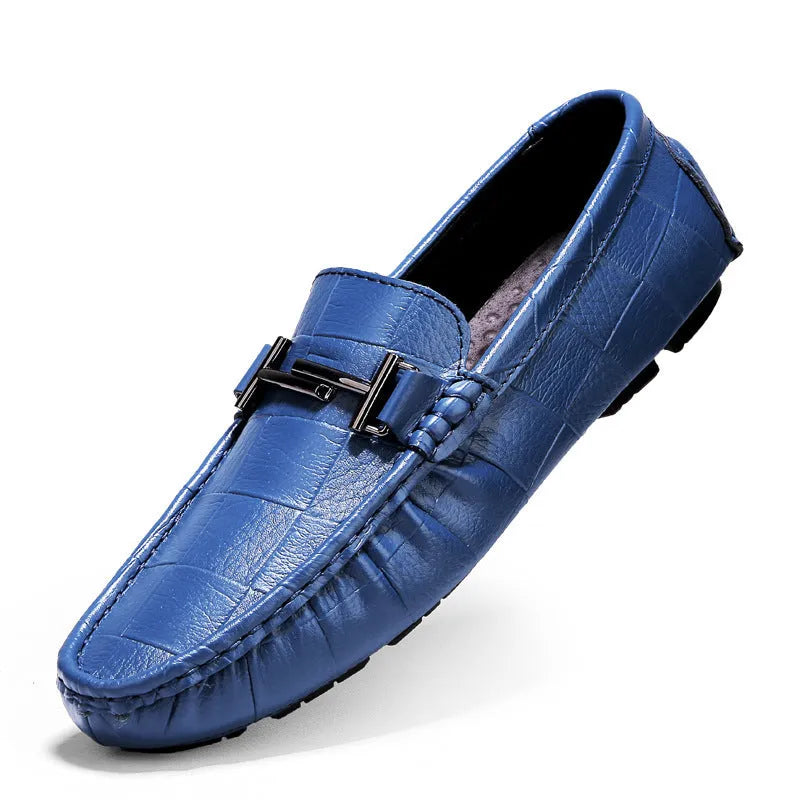 Men's black casual leather shoes with a belt buckle and flat rubber sole