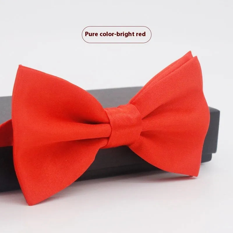 Men's flat head solid colour bow tie in polyester, showing 12cm by 6cm size on a background.