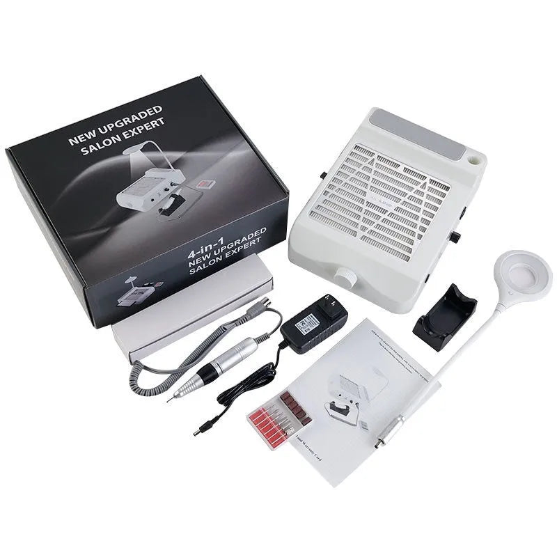 White four-in-one nail polishing machine with vacuum cleaner system for home and salon use