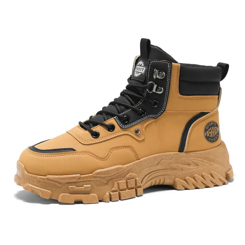 Men's black Martin work boots with mid heel and artificial PU upper material