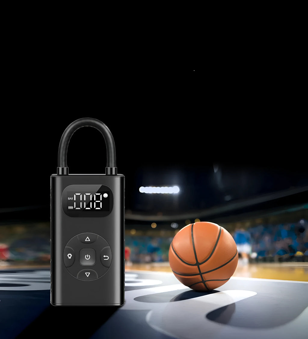 Black aviation aluminium portable tyre inflator with USB cable and flexible hose for car and motorcycle tyres.