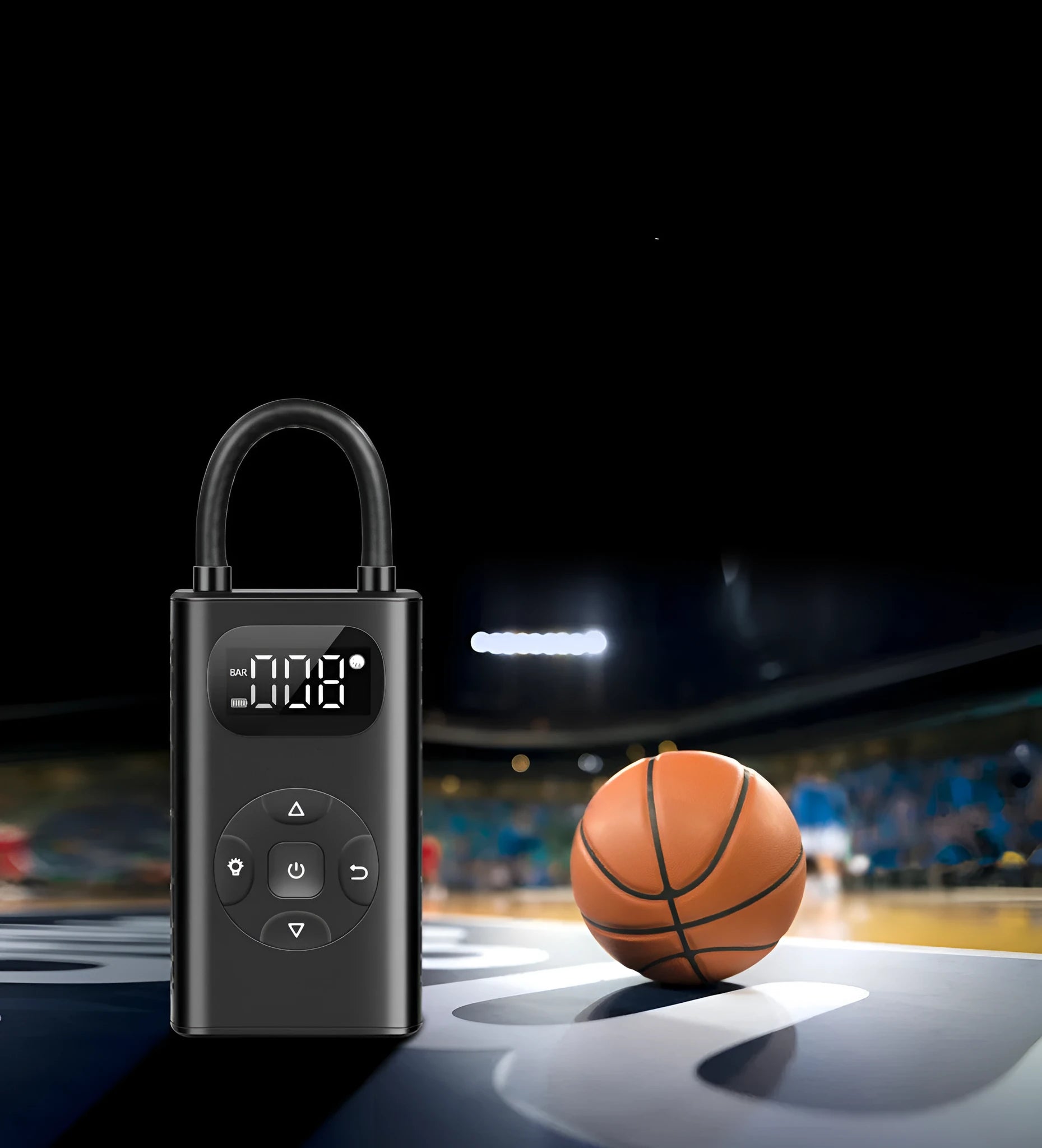 Black aviation aluminium portable tyre inflator with USB cable and flexible hose for car and motorcycle tyres.