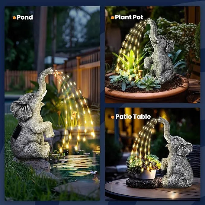 Resin elephant garden statue with LED string lights for outdoor patio decoration