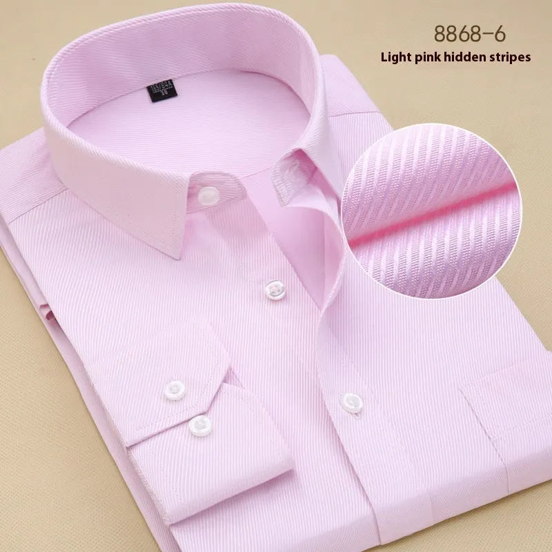 Men's black long sleeve business slim fit cotton shirt on a hanger