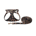 Floral pattern pet harness suit with matching leash in cloth material showing size options