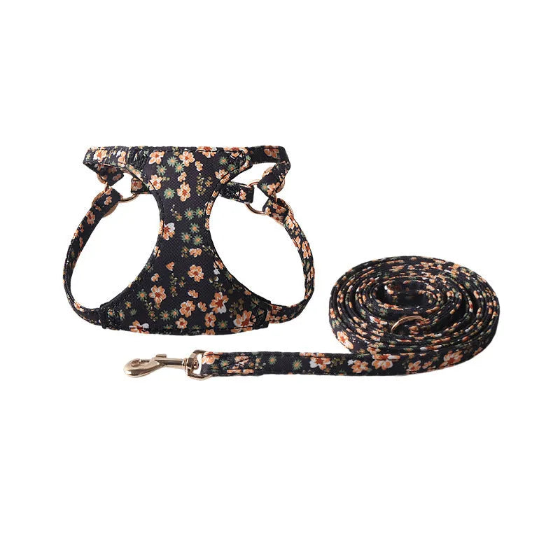 Floral pattern pet harness suit with matching leash in cloth material showing size options
