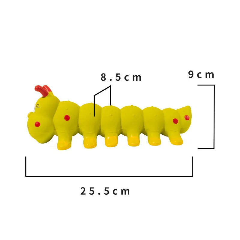 Yellow caterpillar-shaped rubber dog toy with squeaker for small and medium breeds