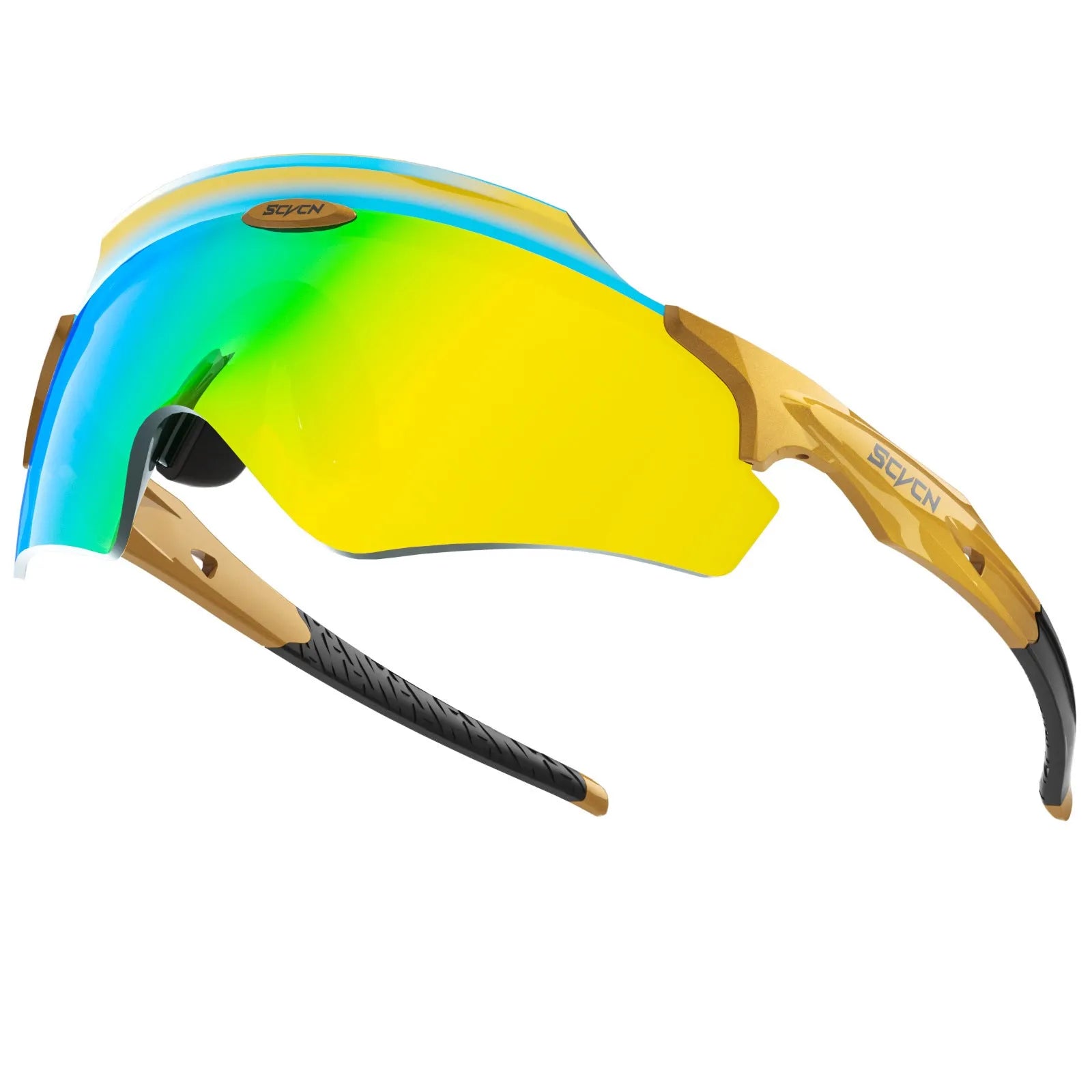 Frameless windproof athletic glasses with a colourful integrated lens in a sporty style.