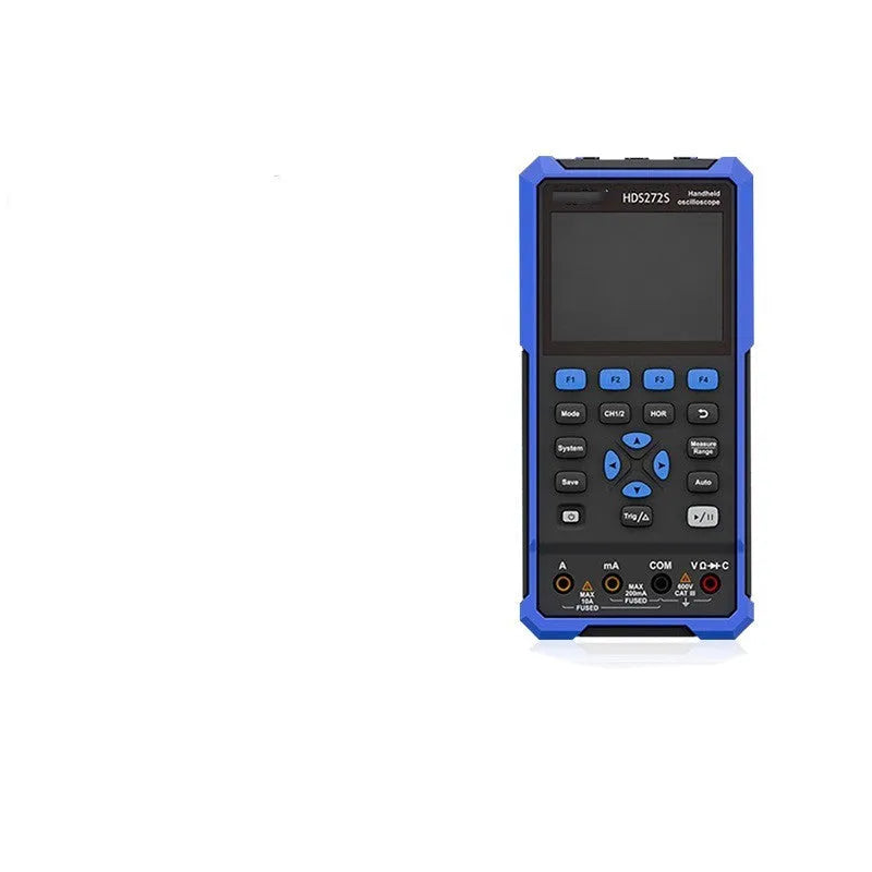 Handheld digital oscilloscope with probe on workbench for automotive electrical testing