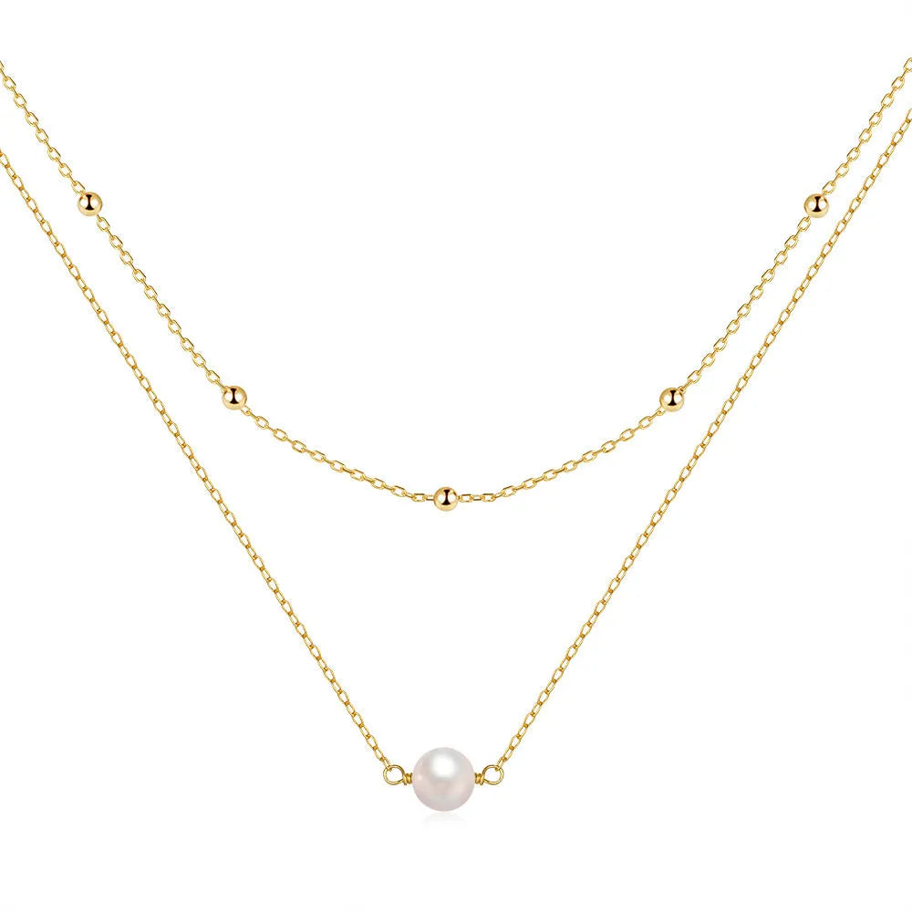 S925 sterling silver double layer necklace with twin pearls and geometric pendant in gold plating