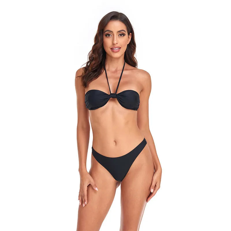 Black women's bikini set with lace-up tube top and briefs style bottoms