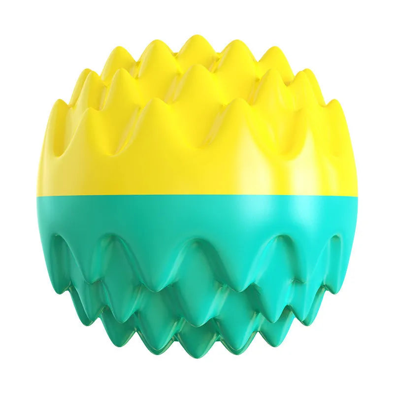 Blue and orange durable rubber dog ball with spiky texture for dental cleaning and floating squeaky toy